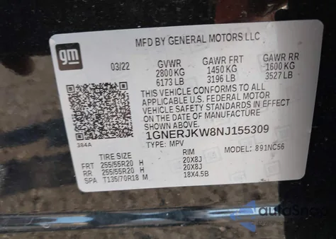 2022 Chevrolet Traverse Fwd Rs из США, поврежденный, VIN 1GNERJKW8NJ155309